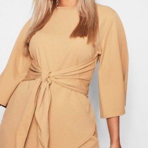 BooHoo Plus Kimono Sleeve Tie Waist Wrap Dress, Tan